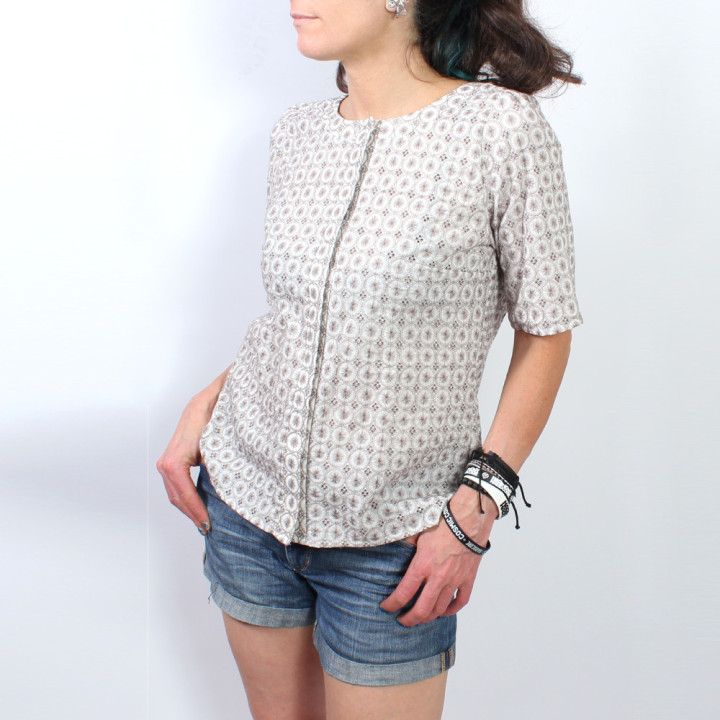 Womens handmade white and brown embroidered cotton summer shirt