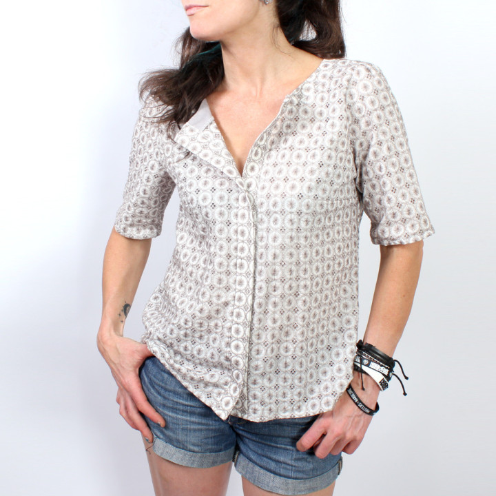 Chemisier femme été pièce unique créateur coton brodé fleurs et dentelle