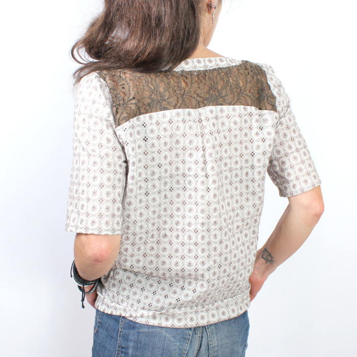 Handmade white brown cotton shirt with vintage lace and short sleeves, French designer clothing
