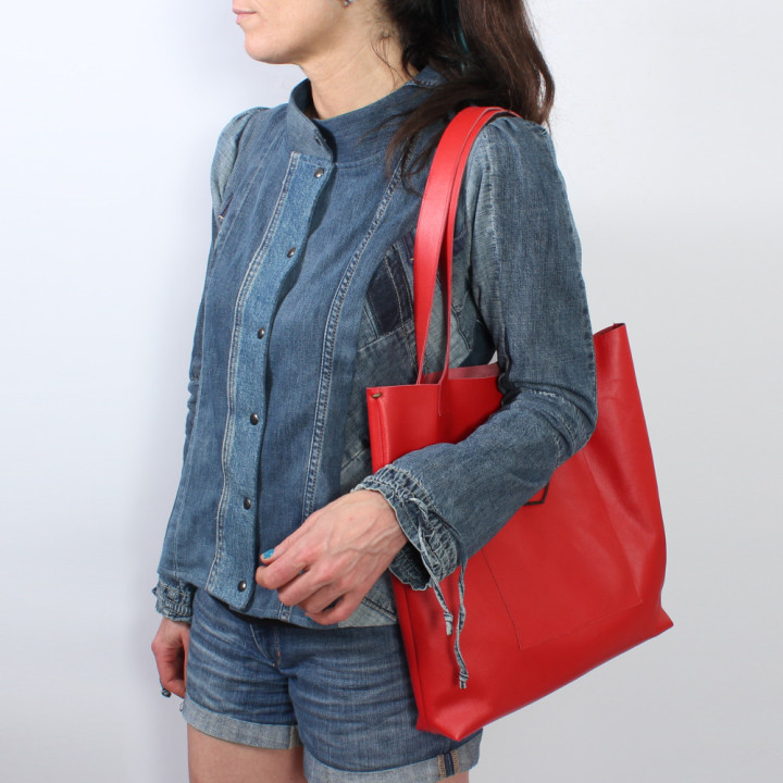 Sac shopping cabas en cuir rouge, deux poches, Fabrication artisanale française