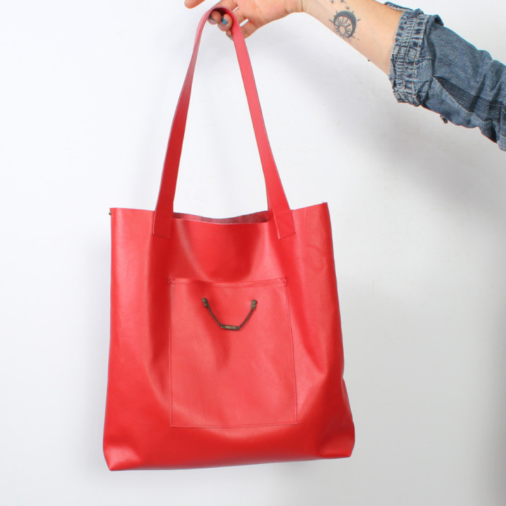 Handmade red leather tote bag, French designer