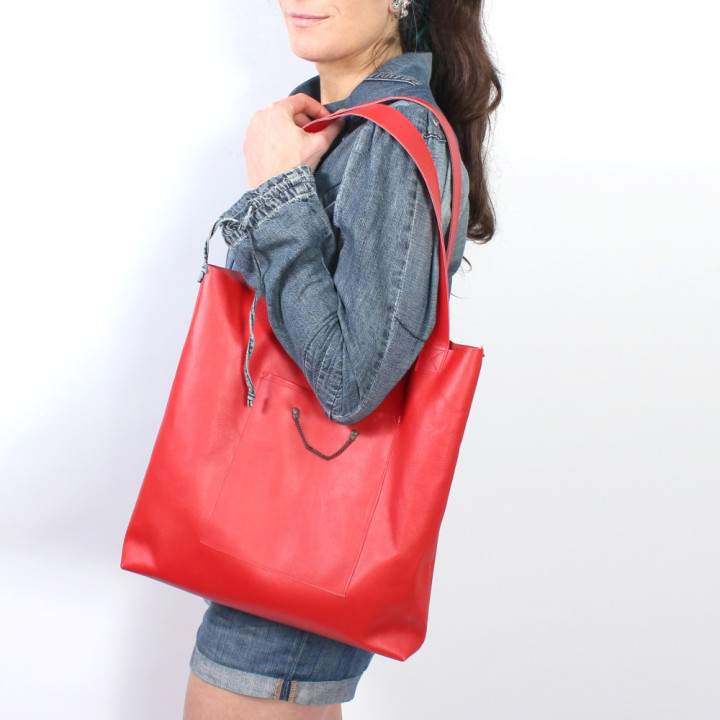 Sac créateur cabas en cuir rouge, idée cadeau artisanal femme