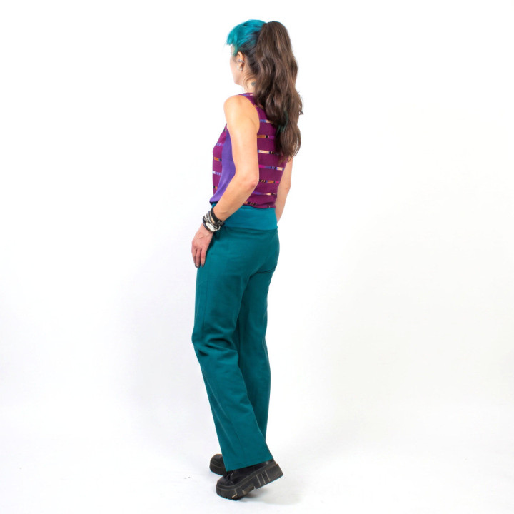 Pantalon femme bleu canard souple, coupe droite, Fabrication française