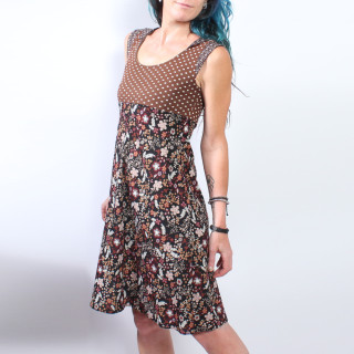 Sleeveless brown dress with polka dots and floral print, designer clothing