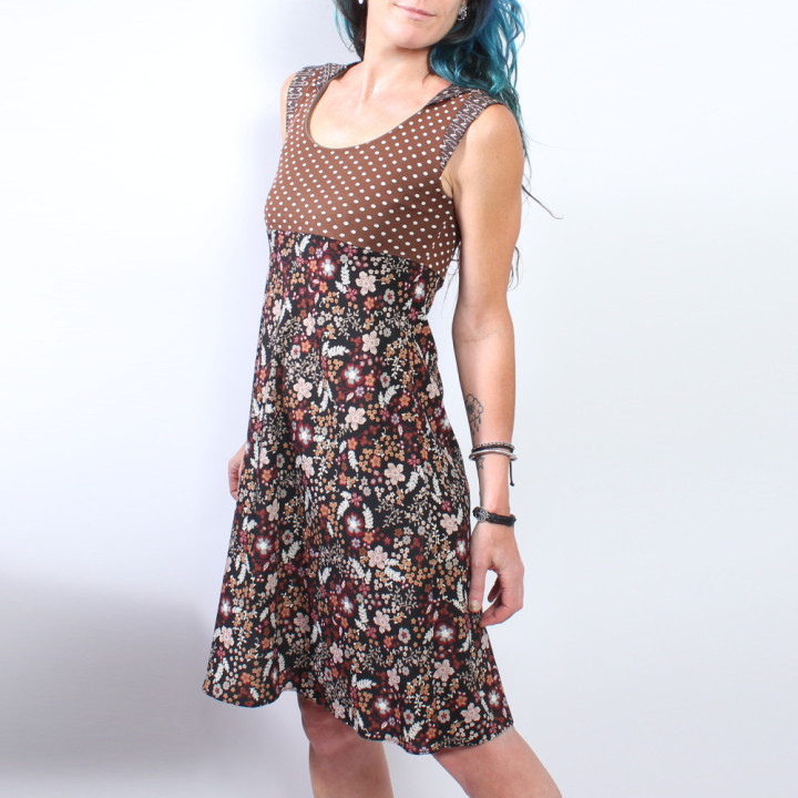 Sleeveless brown dress with polka dots and floral print, designer clothing