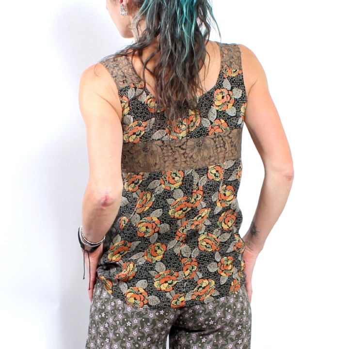 Fluid floral designer top for women made in France, vintage fabric and lace details