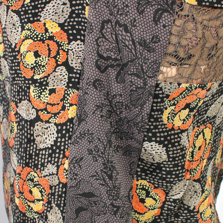 Unique black orange brown yellow women's floral print top with original lace details, sleeveless summer design