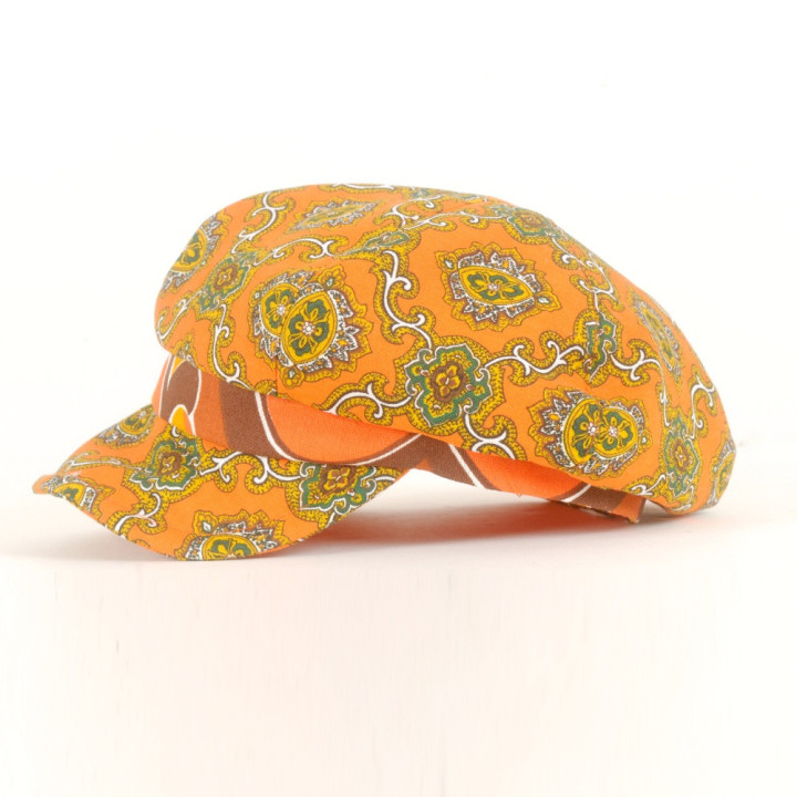 Casquette femme orange, gavroche faite main coton vintage imprimé arabesques