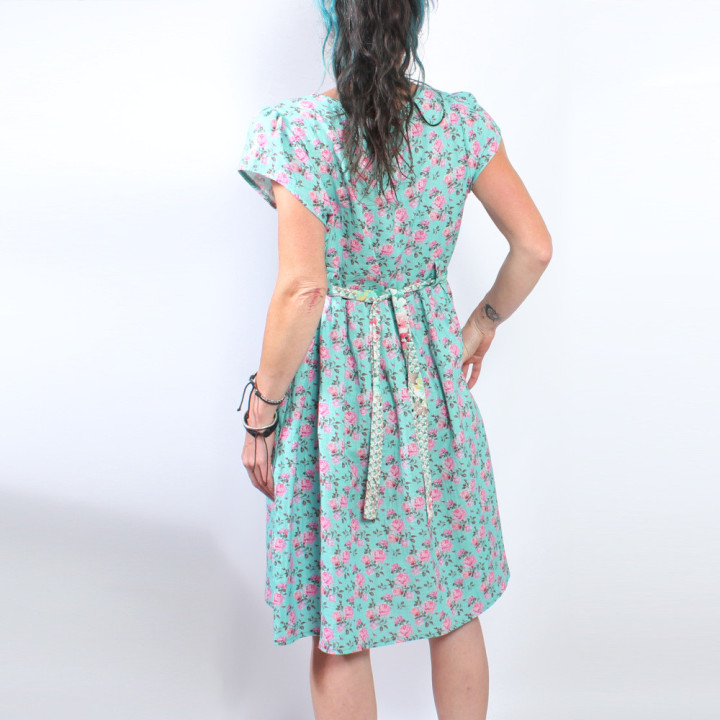 Summer lightweight floral dress in blue-green and pink, floral print, handmade designer clothing