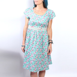 Womens floral summer dress, pink and lagoon blue, cotton double gauze, handmade in france