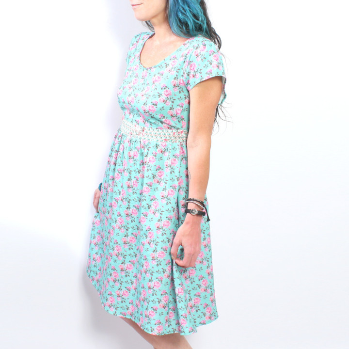 Floral summer cotton dress with short sleeves, handmade clothing by french designer