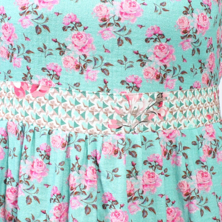 Robe Eté Ceinturée, Double Gaze De Coton Bleu Turquoise Imprimée | MALAM Handmade in France
