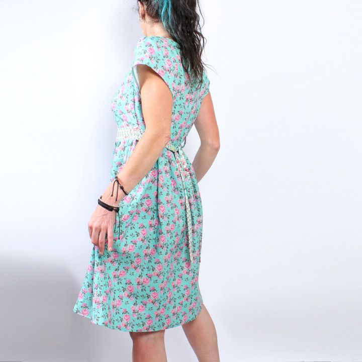 Floral Printed Lagoon Blue Cotton Gauze Dress With Short Sleeves | MALAM Made in France