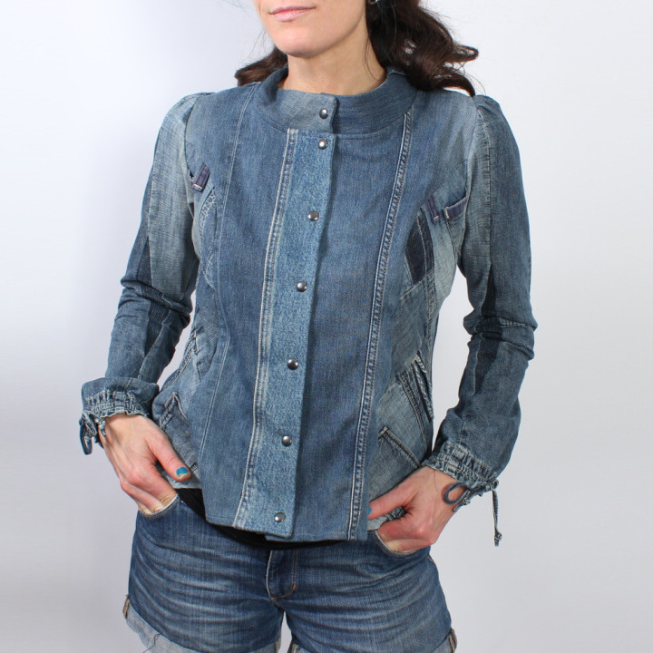Blue denim jacket, patchwork of upcycled jeans, handmade in France