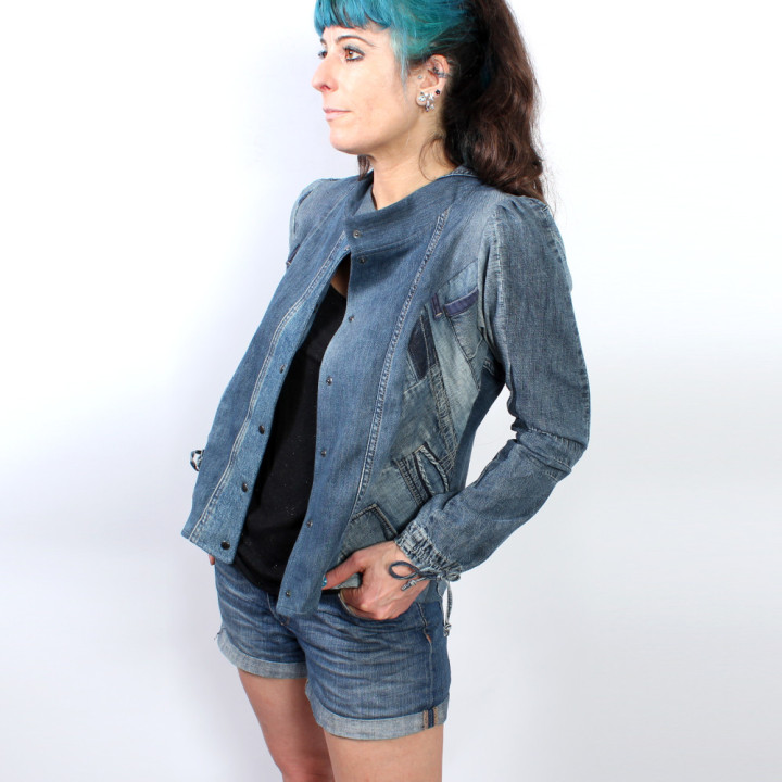 Upcycled blue denim clothing, womens designer jeans jacket, handmade statement piece