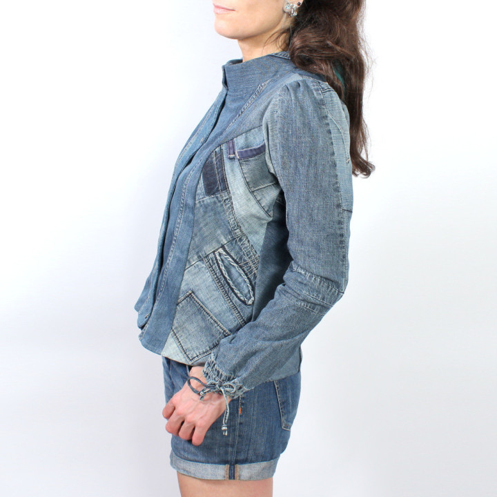Fun blue womens jacket in upcycled denim jeans, unique designer clothing from France