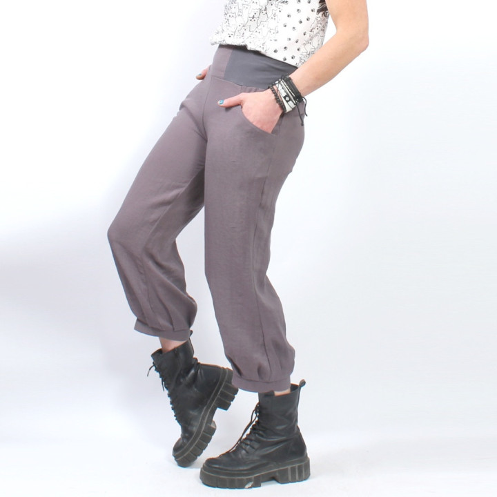 Cropped Dark Grey Supple Linen Womens Summer Trousers, Stretchy Belt, Handmade in France | MALAM