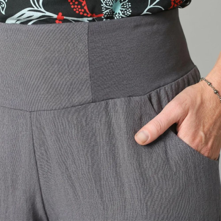 Pantalon Femme Lin Lavé Gris Foncé, Ceinture Extensible, Fait Main en France | MALAM
