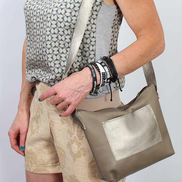 Taupe leather crossbody purse, golden bronze faux leather details
