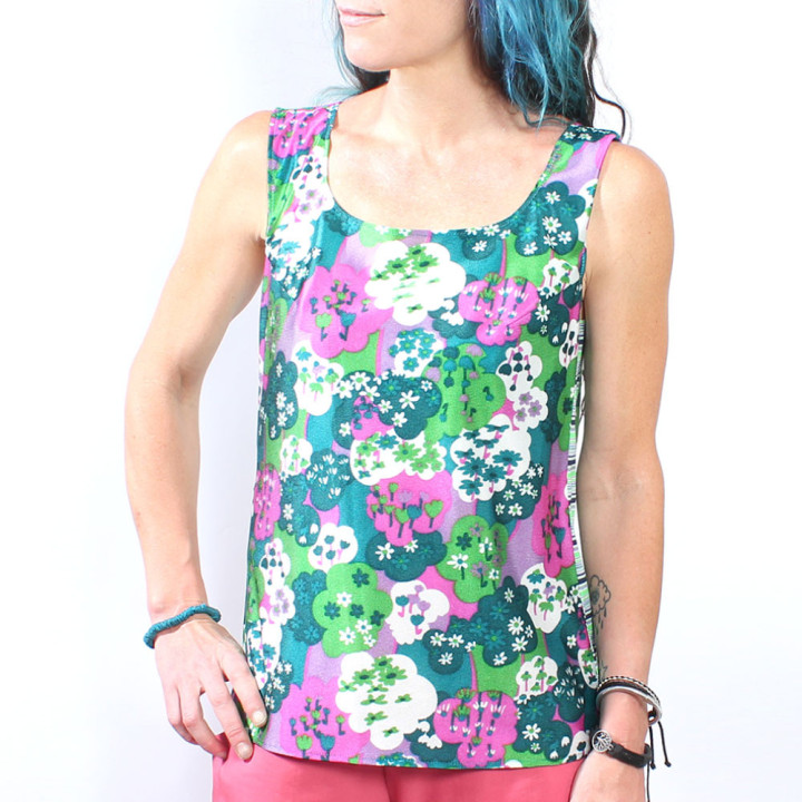 Top débardeur femme motif fleurs tissu vintage vert violet, MALAM Made in France