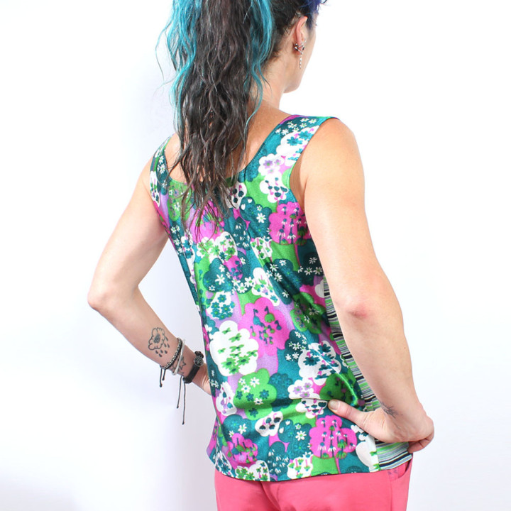 Top débardeur femme motif fleurs tissu vintage vert violet, MALAM Made in France