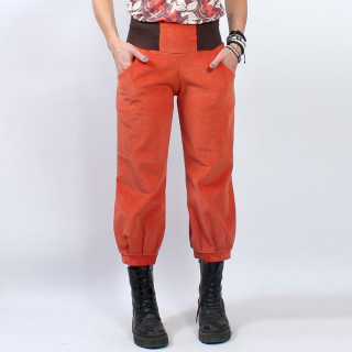 Original women’s orange corduroy cropped trousers, handmade in France by MALAM