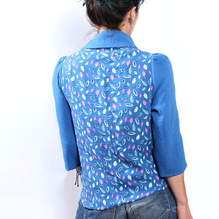 Scarf collar and three-quarter sleeves blue womens shirt, handmade by French designer MALAM