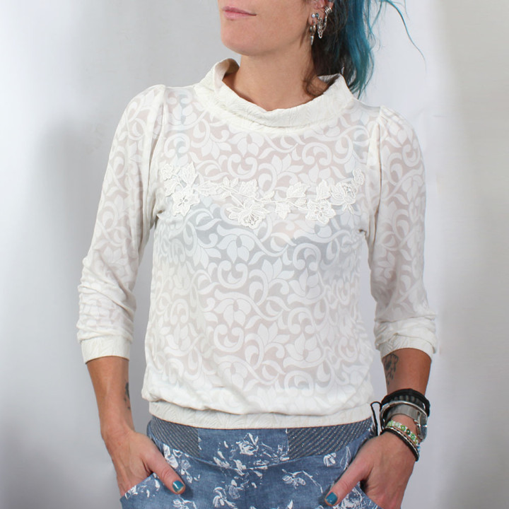 Handmade womens lightweight white sweater with white floral appliqué, unique sheer top