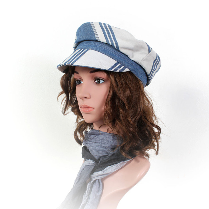 Women’s kepi-inspired cap in blue white striped vintage cotton, handmade in France by designer MALAM