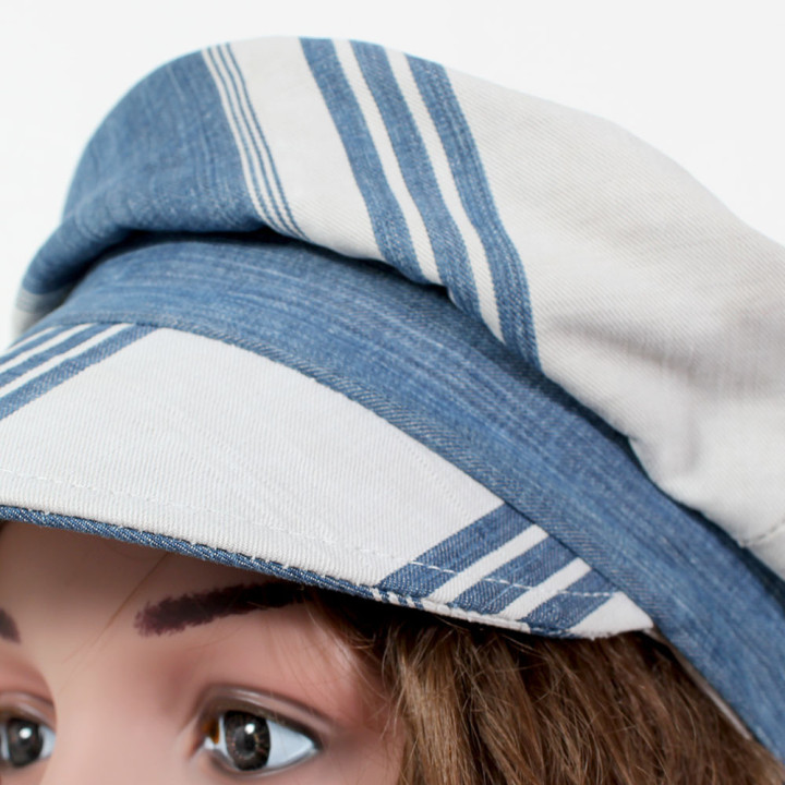 Unique handmade cap in blue and white striped vintage cotton, by French designer MALAM