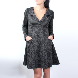 Robe femme originale en jersey gris et noir, fleurs et rayures, une création artisanale fabriquée en France chez MALAM