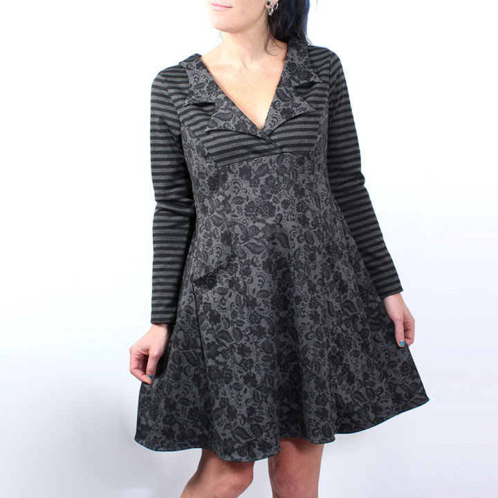 Fun lapel collar and pockets, thoughtful details on this original designer dress, handmade in France