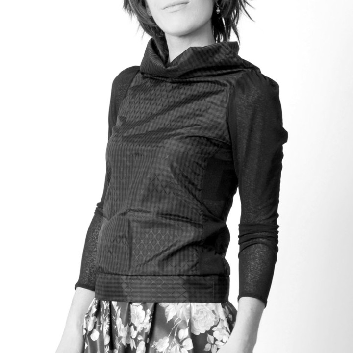 Handmade, long-sleeved women's top combining fabric and mesh, custom-sized