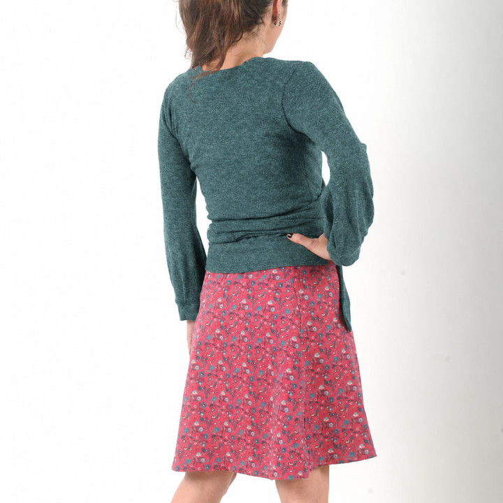 Women’s dark green knit cardigan with balloon sleeves and a fitted waist