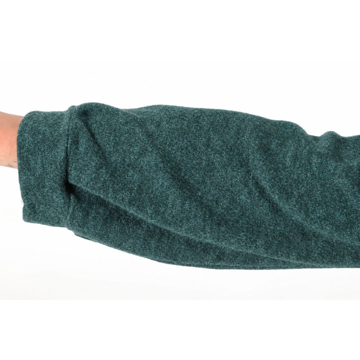Women’s dark green knit wrap cardigan with textured fabric and balloon sleeve detail