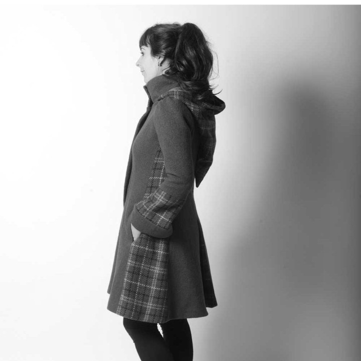 Women’s designer coat with large pointed hood, customizable