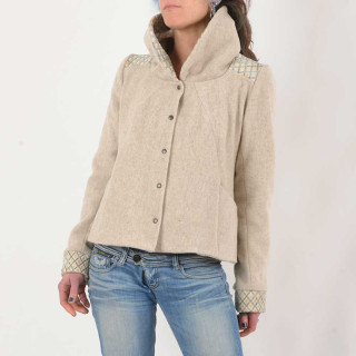 Short beige jacket with wide collar, wool and velvet, Made in France