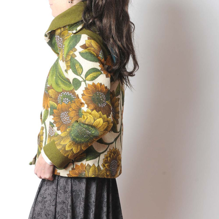 Printed floral jacket with wide collar, wool and vintage jute, Made in France