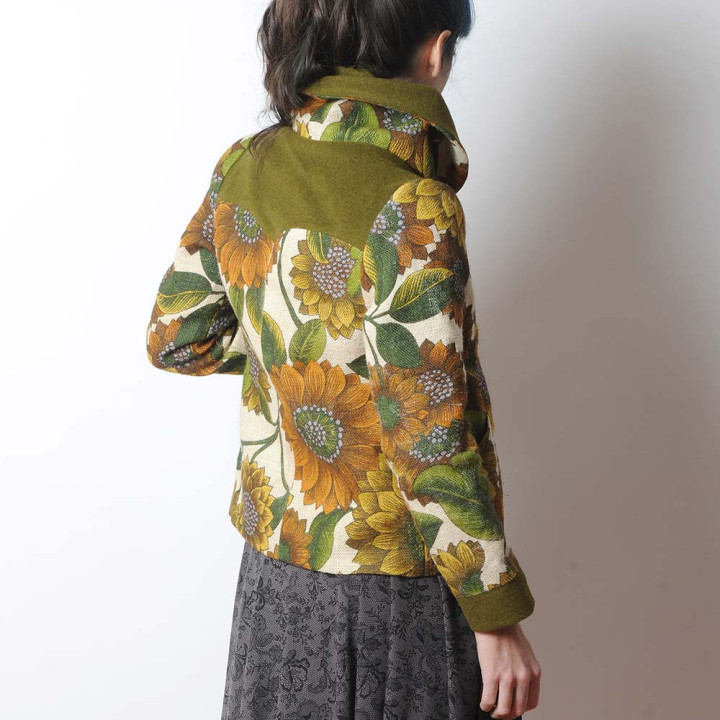 Veste courte lainage et jute imprimé, grand col, Fabriquée en France