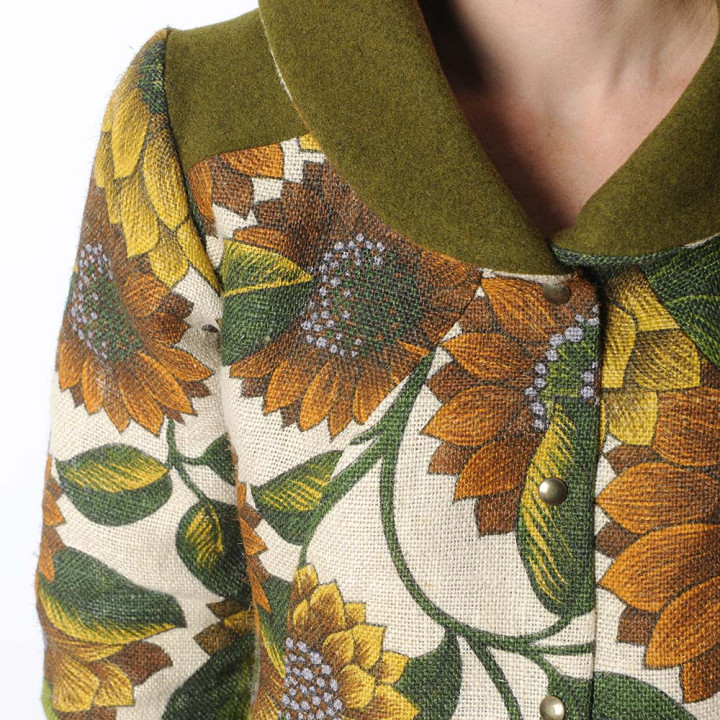 Printed floral jacket with wide collar, wool and vintage jute, Made in France