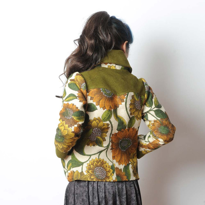 Printed floral jacket with wide collar, wool and vintage jute, Made in France
