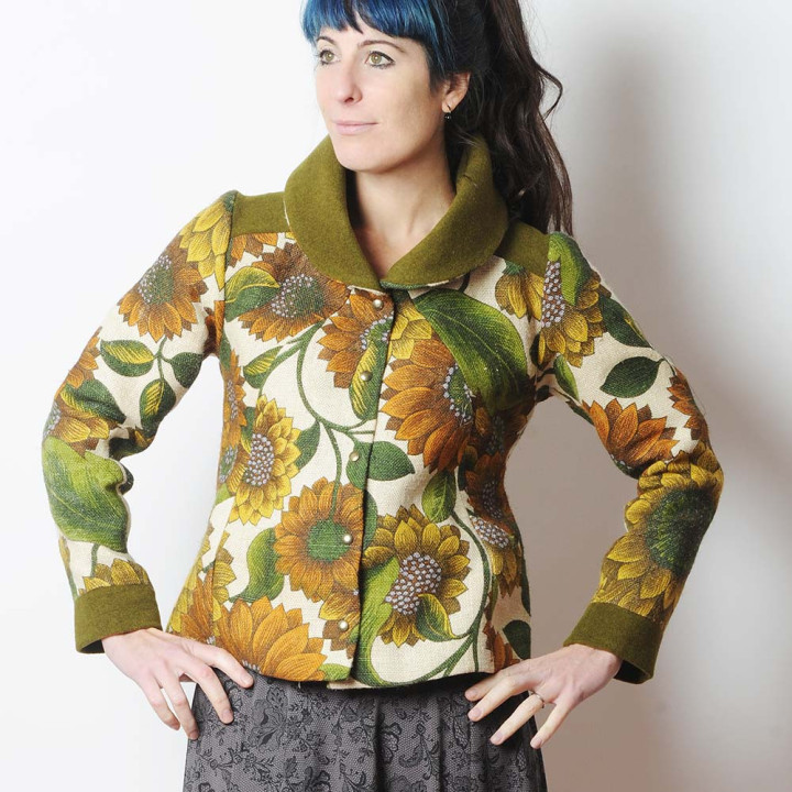 Printed floral jacket with wide collar, wool and vintage jute, Made in France