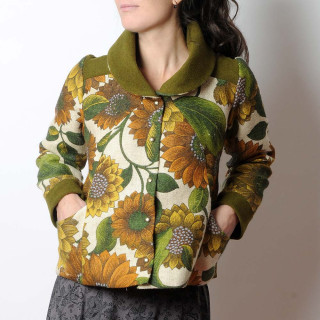 Veste courte lainage et jute imprimé, grand col, Fabriquée en France