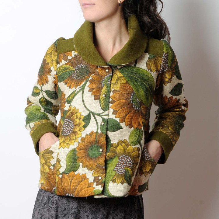 Printed floral jacket with wide collar, wool and vintage jute, Made in France