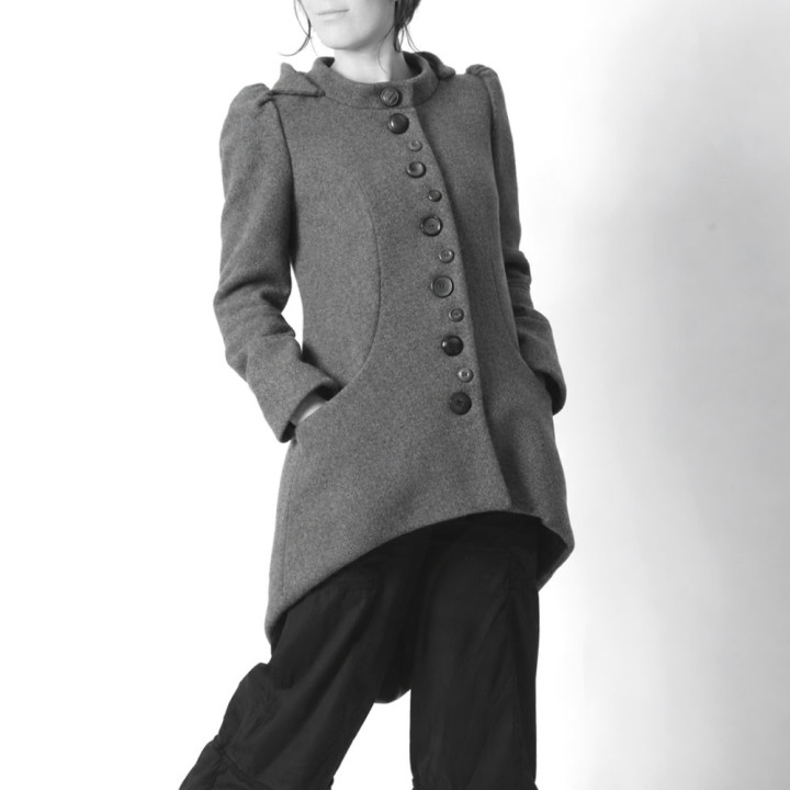 Structured asymmetrical women’s coat with large round hood