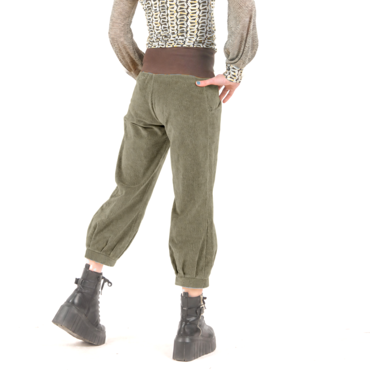 Womens Olive Green Corduroy Pants, Pleated Hem, Made in France