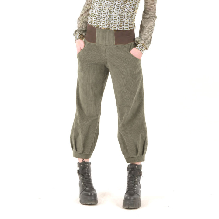 Womens Olive Green Corduroy Pants, Pleated Hem, Made in France