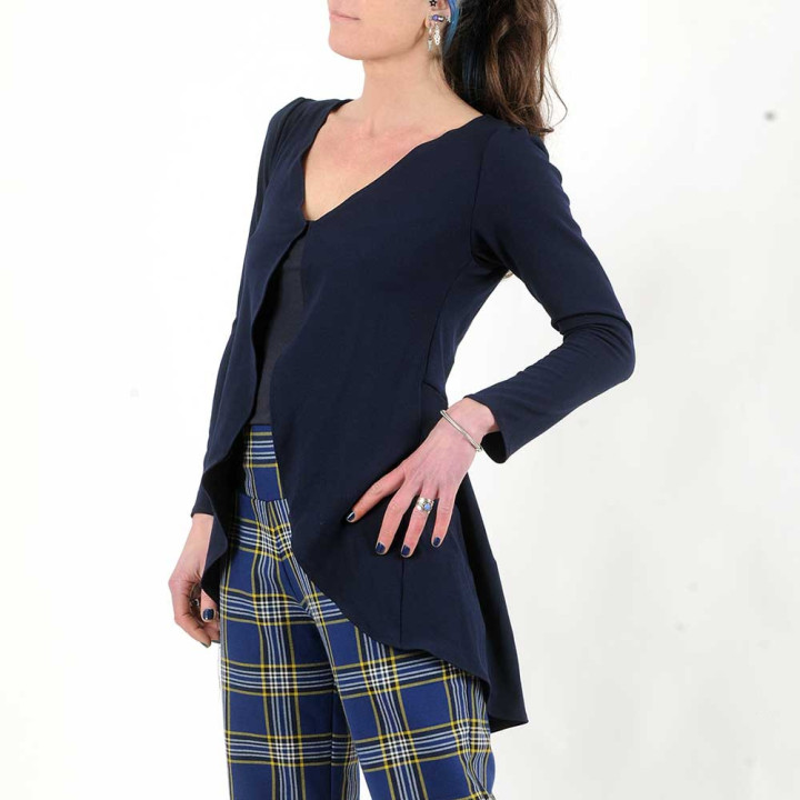 Gilet long femme élégant, crêpe bleu marine, plis au dos, Made in France