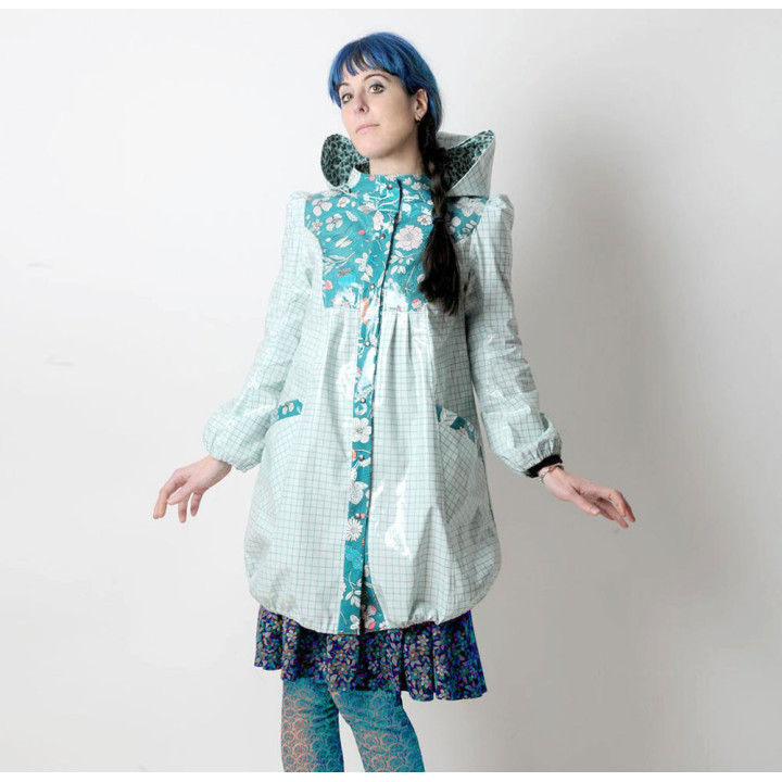 Women’s bubble raincoat in pale green checks and turquoise floral print, handmade in France.
