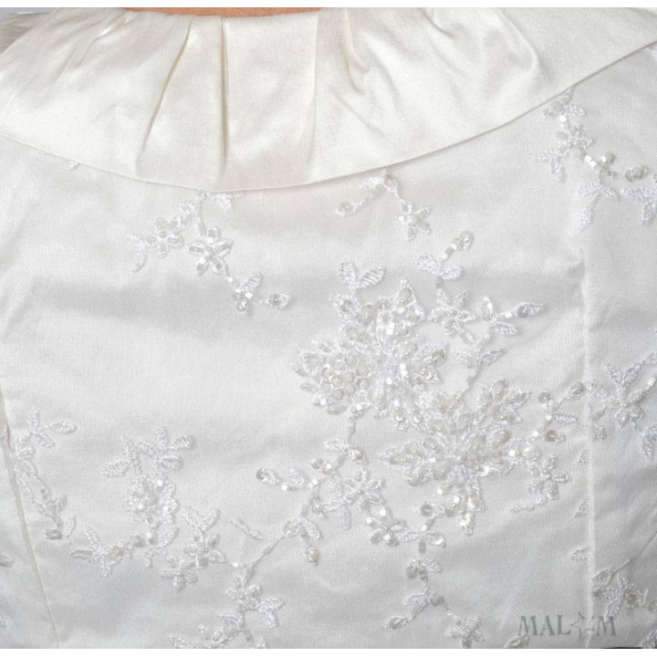 Boléro de mariée, soie ivoire et dentelle perlée, col plissé